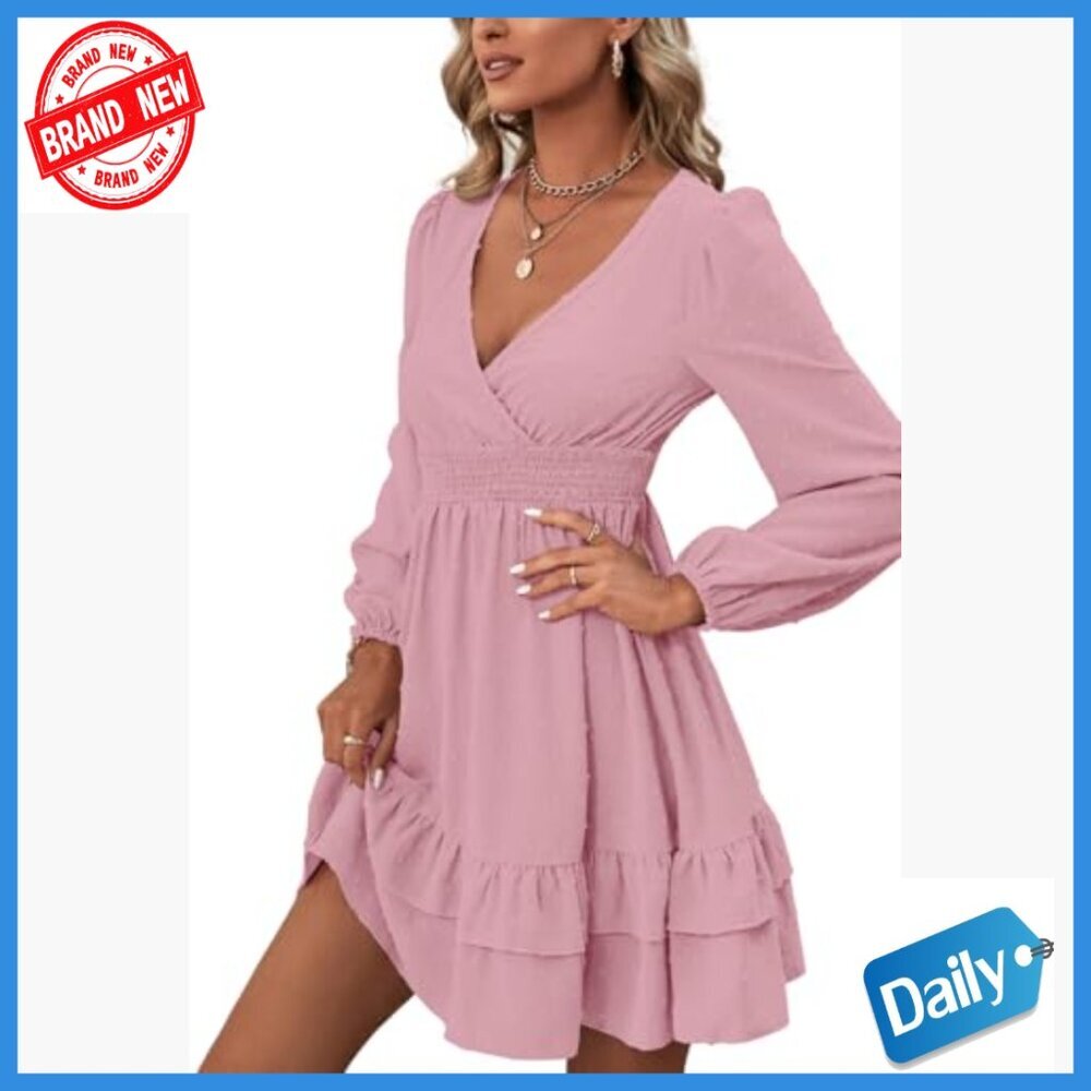 Wrap V-Neck Swing Ruffle Long Sleeve Mini Dress, Lightweight Polyester - Picture 4 of 7
